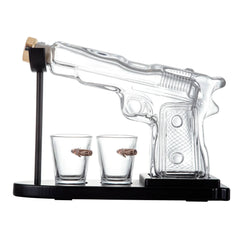 1.2L Whisky or Wine Decanter Glass Pistol Set - 2 Shot Glasses + Wooden Stand