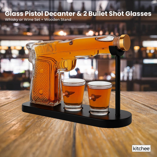 225mL Whisky or Wine Decanter Glass Pistol Set - 2 Shot Glasses + Wooden Stand