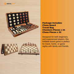 Social Hike Wooden Chess & Checkers 2 in 1 – Magnetic Travel Foldable Board Game