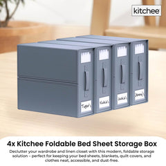 4x Kitchee Foldable Bed Sheet Storage Box - Linen and Closet Organiser Grey