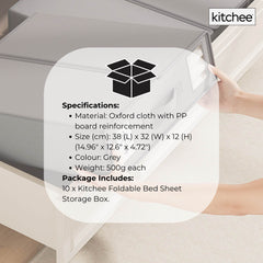 10x Kitchee Foldable Bed Sheet Storage Box - Linen and Closet Organiser Grey