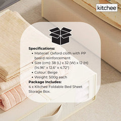 4x Kitchee Foldable Bed Sheet Storage Box - Linen and Closet Organiser Beige