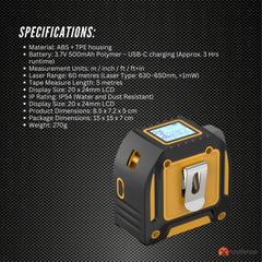 Tooleroo 60m Digital Laser Tape Measure + 5m Steel Tape – 3-in-1 Cross Marking