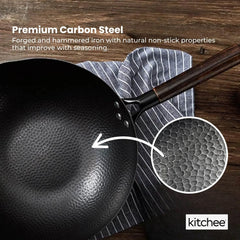 Kitchee 32cm Induction Wok Carbon Steel Flat Bottom with Lid + Spatula Set