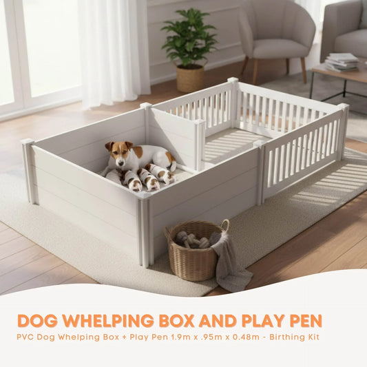 Rooster Farms 1.9m x 0.95m PVC Dog Whelping Box + Playpen Kit - Anti-Crush Rail