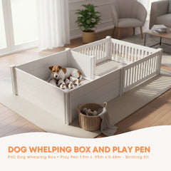 Rooster Farms 1.9m x 0.95m PVC Dog Whelping Box + Playpen Kit - Anti-Crush Rail