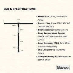 Kitchee Tri-Fold LED Desk Lamp with Clamp - Swinging Arm Eye-Care Dimmable Light