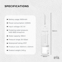 Orku Mini Water Flosser Rechargeable Portable Travel Oral Irrigator White