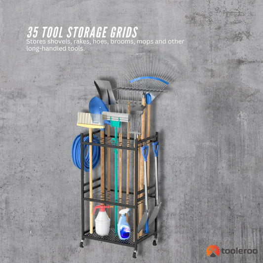 Tooleroo Garden Tool Organiser Rack - Rolling Storage Trolley for Yard Garage