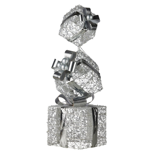 Christabelle 83cm Triple Christmas Silver Giftbox Stack Display with Lights
