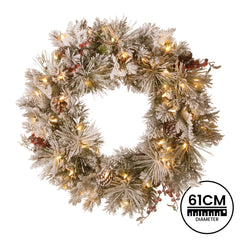 Christabelle 61cm Snowy Christmas Wreath Bedford with LED Lights Front Door Decoration Ornament