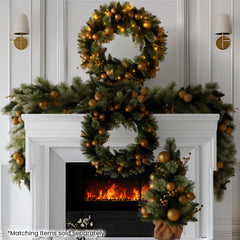 Christabelle 76cm Christmas Wreath Glittery Tipped with LED Lights and Golden Baubles Front Door Decoration Ornament