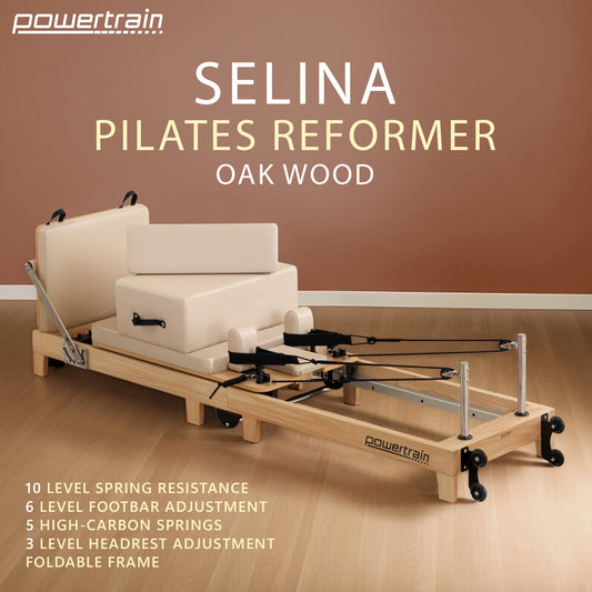 Powertrain Selina Pilates Reformer Machine Wooden Folding Multifunctional Home Gym Equipment with Jumpboard & Sitting Box Oak Beige