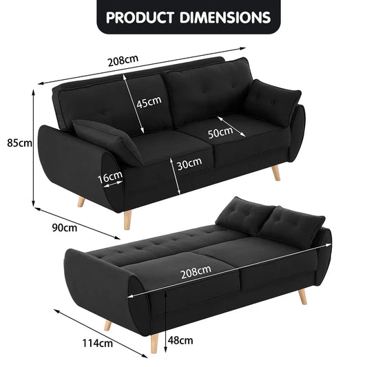 Sarantino 3 Seater Modular Linen Fabric Sofa Bed Couch Futon Suite - Black
