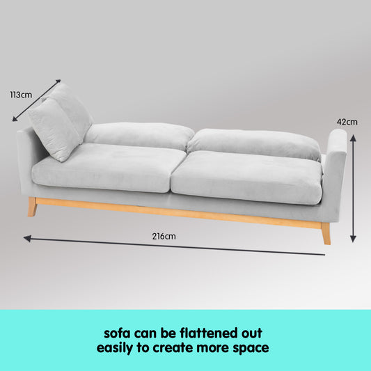 Sarantino 3 Seater Faux Velvet Sofa Bed Couch Furniture Light Grey
