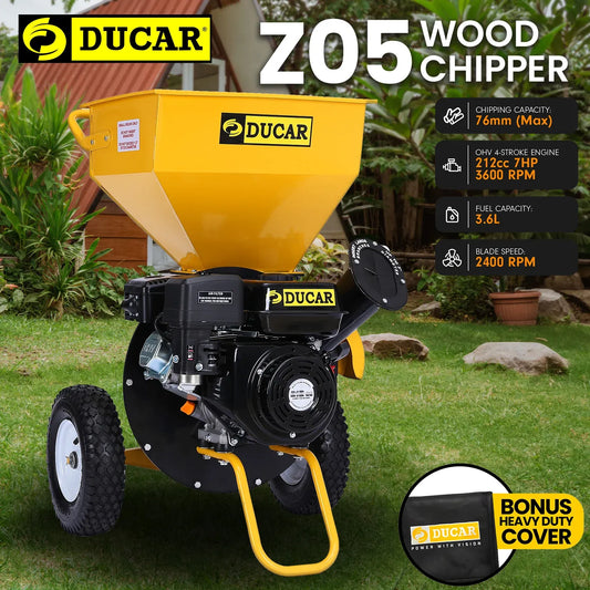 Ducar Wood Chipper Shredder Mulcher Garden 8hp Petrol Motor Upright Grinder - Yellow