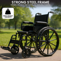 Orthonica New Steel Wheelchair In Black Foldable Lightweight Disability Aid Portable Heavy-duty 24-inch Adjustable Footrest Steel Frame