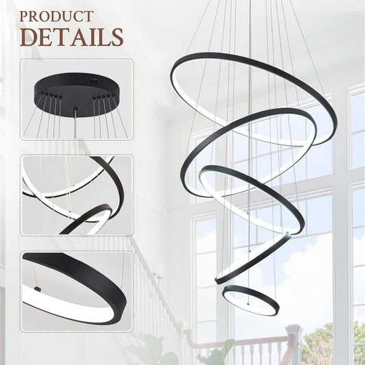 BAMDECOR A18801 Modern LED Chandelier, Dimmable Pendant Light with Remote Control Rings Round Ceiling Lighting Fixture 3 Color Temperatures Contemporary Chandeliers (5 Rings-Black)