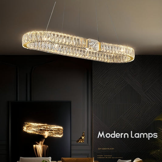 BAMDECOR C3319 Modern Linear Crystal Chandeliers Lighting Fixtures Contemporary Round Chandelier Lighting Fixtures Crystal Pendant Ceiling Lights(Gold-Oval 100cm)