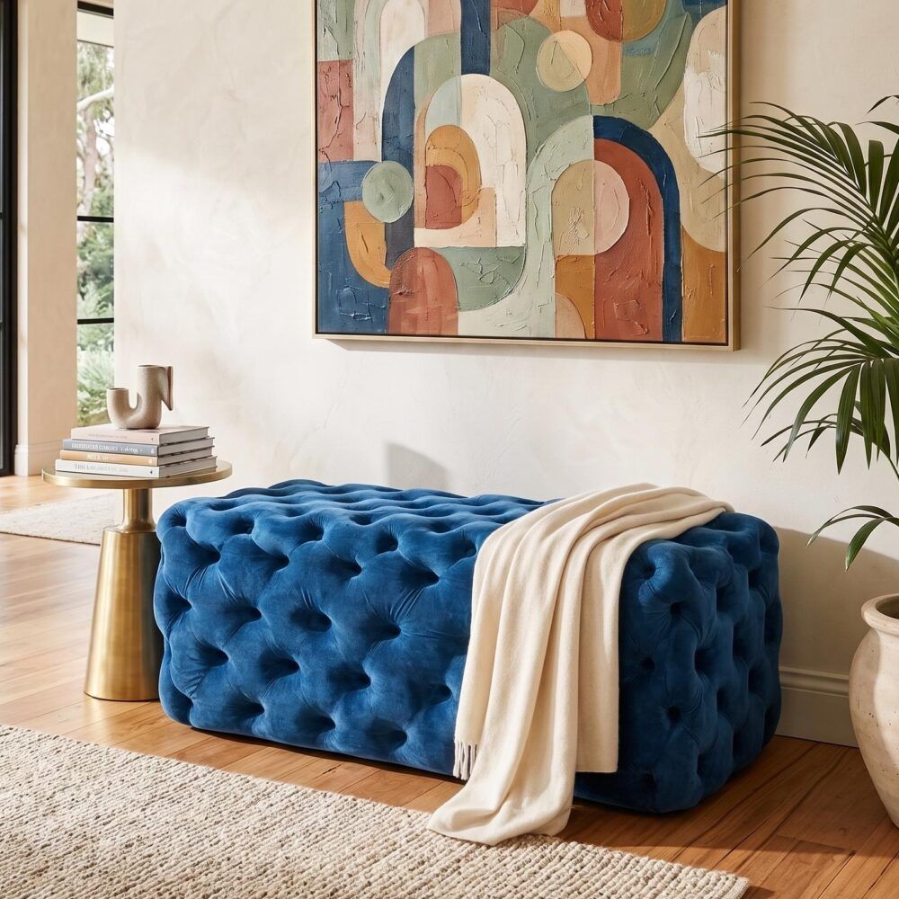 Elsa Navy Blue Velvet Ottoman-Rectangular