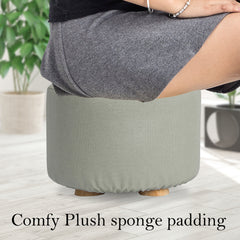 Fabric Ottoman Round Wooden Leg Foot Stool - GREY