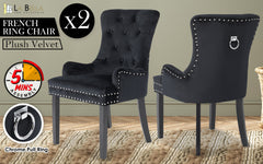 2X French Provincial Dining Chair Ring Studded Velvet Rubberwood Leg LISSE BLACK