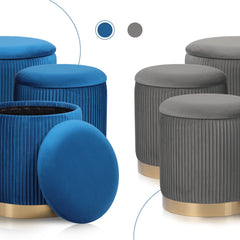 3 Piece Set Storage Ottoman - Blanket Box Velvet Padded Bench Stool FAYE BLUE