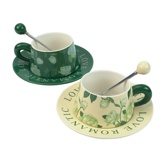2X High-Fired Ceramic Porcelain Cup & Saucer Set 300ml Vintage Floral Tea Spoon GREEN