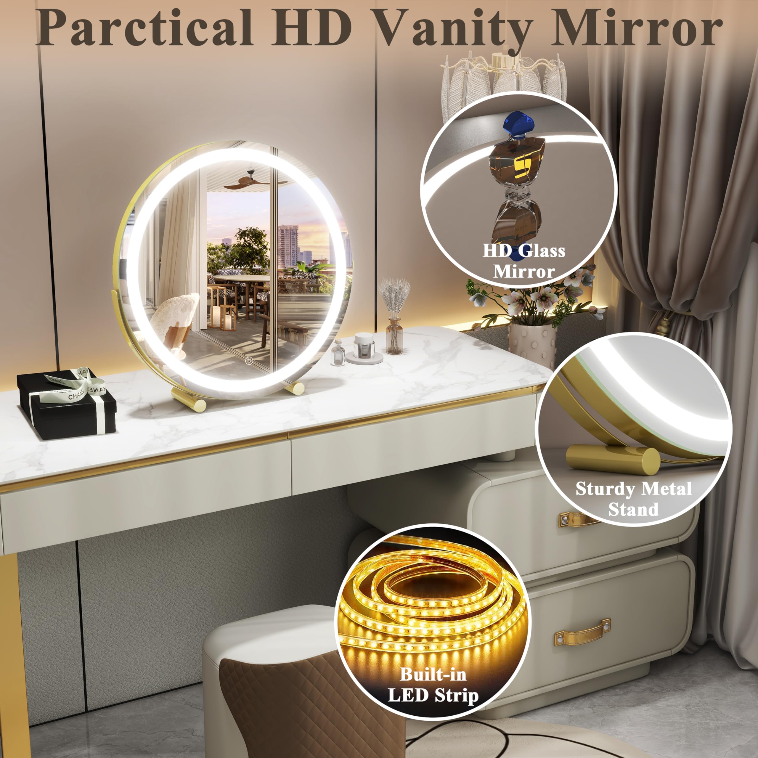 40cm Large Makeup Desk Mirror Lights Round LED Makeup Make up Mirror Bedroom Tabletop Touch Control Gold