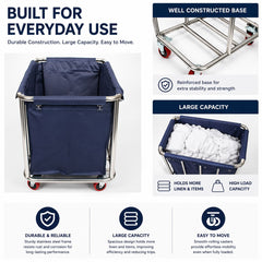 Commercial Laundry Trolley 90x65x80cm Large Capacity Linen Cart with 2 Swivel & 2 Fixed Wheels Navy