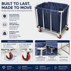 Commercial Laundry Trolley 90x65x80cm Large Capacity Linen Cart with 2 Swivel & 2 Fixed Wheels Navy