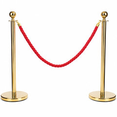 Gold Queue Barrier Stanchion Set of 2 with Red Velvet Rope Crowd Control Bollards