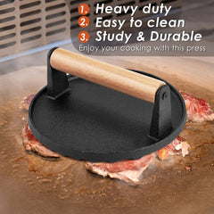 Heavy Duty Round Cast Iron Grill Burger Press Pre-Seasoned Steak Griddle BBQ Grilling