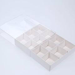 50 Pack of White Card Chocolate Sweet Soap Product Retail Gift Box - 12 bay 4x4x3cm Compartments  - Clear Slide On Lid - 16x12x3cm