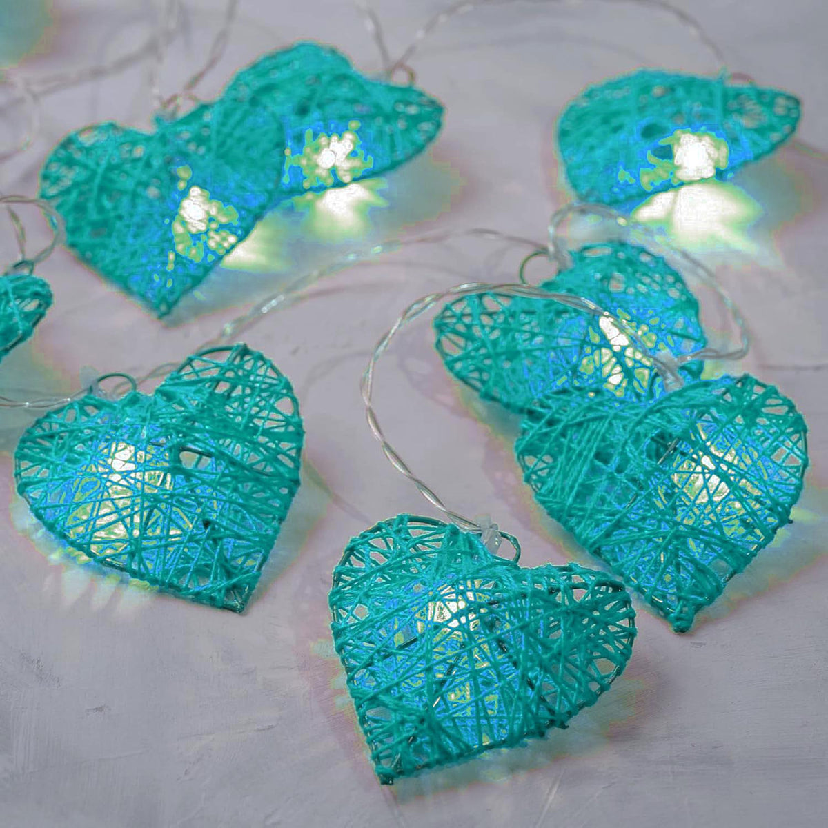 20 Turquoise Blue 3D Hollowed Rattan Heart-Shaped 3M String Fairy Lights, Battery (AA) Indoor & Outdoor Decorations Birthday Kids Celebration PartyRoom Table Lighting