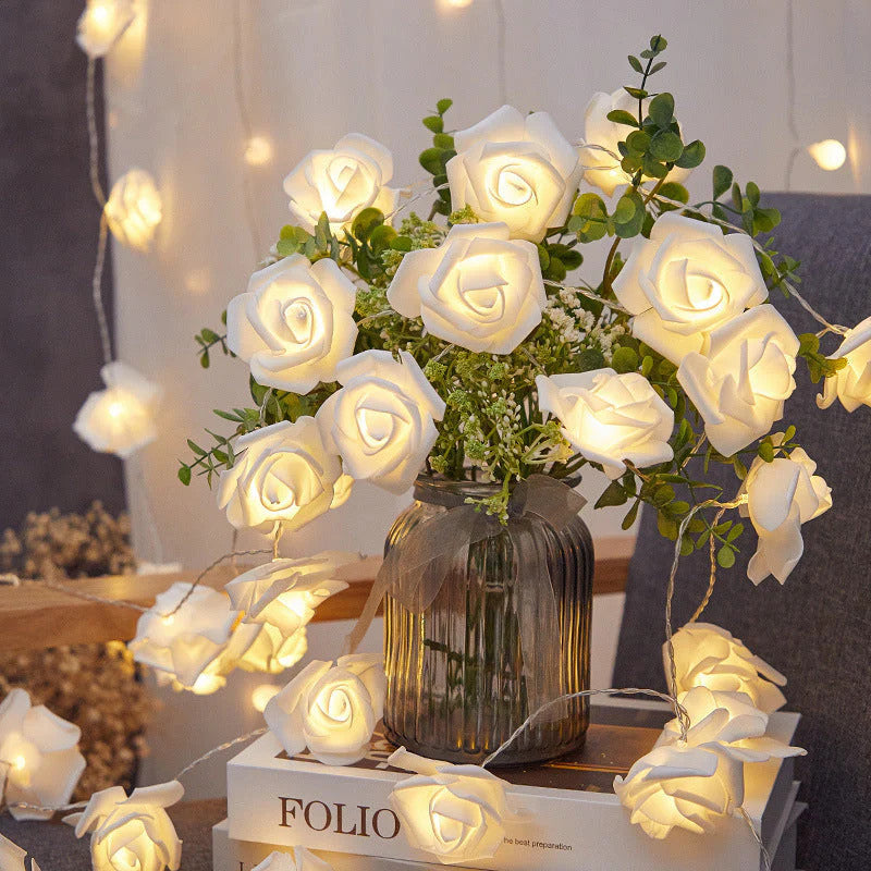20 White Rose 3D Fairy Lights 3M String, Battery (AA) Indoor & Outdoor Decorations Wedding Valentines Romantic Room Table Lighting