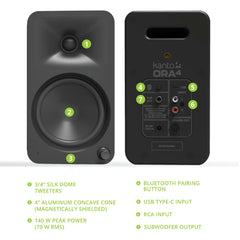 Kanto ORA4 140W Powered Reference Speakers with USB-C Input and Bluetooth - Black, Pair