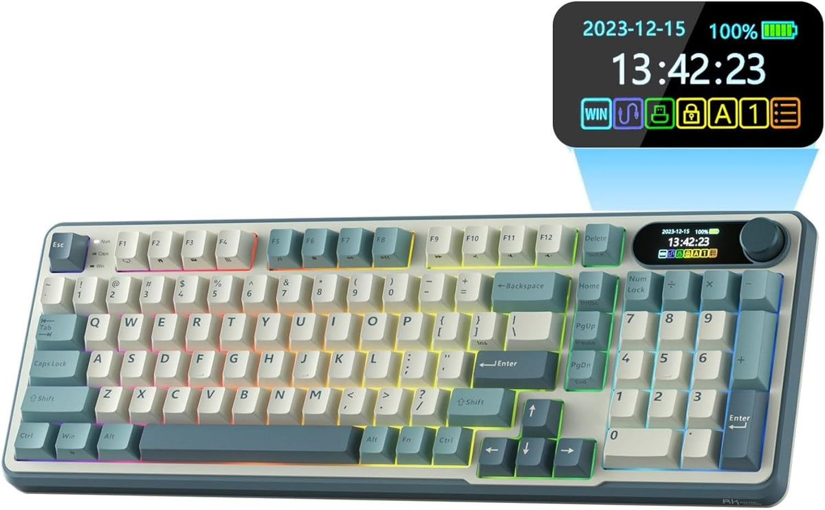 RK ROYAL KLUDGE S98 Mechanical Keyboard w/Smart Display & Knob, Top Mount 96% Wireless Mechanical Keyboard BT/2.4G/USB-C, Hot Swappable, Pale Green Switch 98 Keys