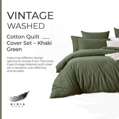 100%  Cotton Vintage Washed Bed Quilt Cover Set - Khaki Green - Super King Size