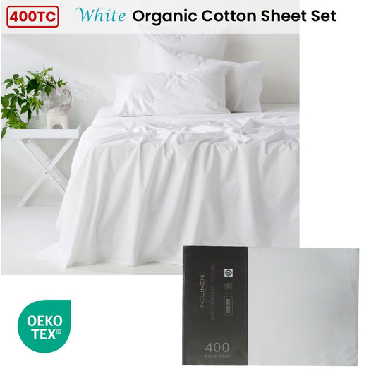 400TC Organic Cotton Premium White Sheet Set Long-Staple Commercial-Grade Durability Queen