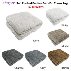 Harper Soft Ruched Pattern Faux Fur Throw Rug 127 x 152 cm Brown