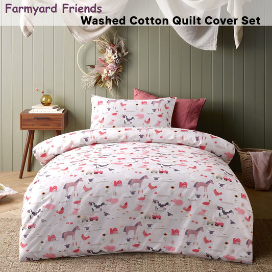 Happy Kids Farmyard Friends Washed Quilt Cover Set Double