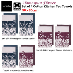 Ladelle Set of 4 Homespun Flower Cotton Kitchen Tea Towels 50 x 70 cm Mulberry
