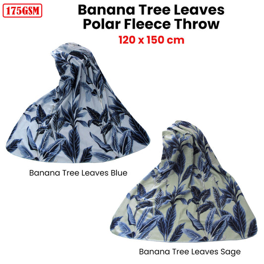 175GSM Banana Tree Leaves Printed Polar Fleece Throw Rug 120 x 150cm Blue