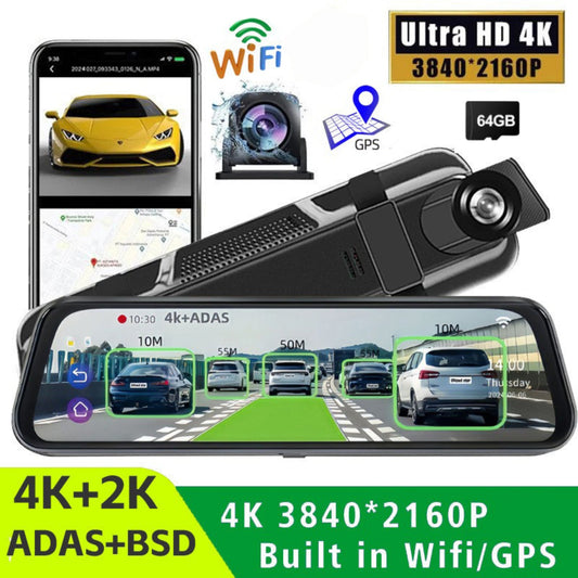 10” 4K Mirror Dash Cam, 2K Rear Camera, WiFi GPS ADAS BSD, Stream Media, 64GB Included