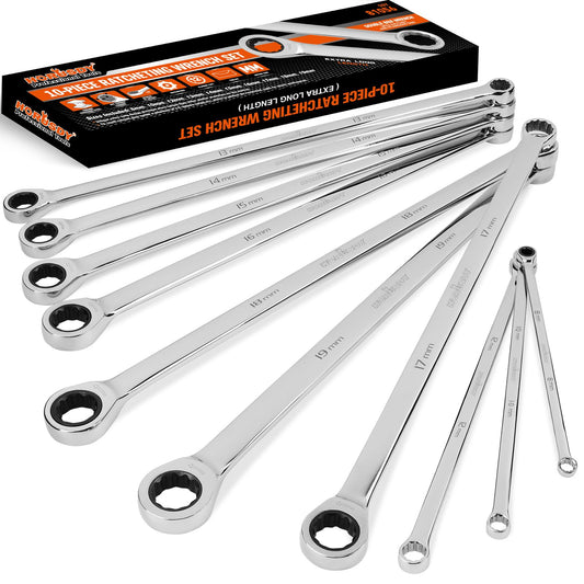 HORUSDY 9Pc Extra Long Ratchet Spanner Set Aviation Double End 8-19mm w/t Pouch