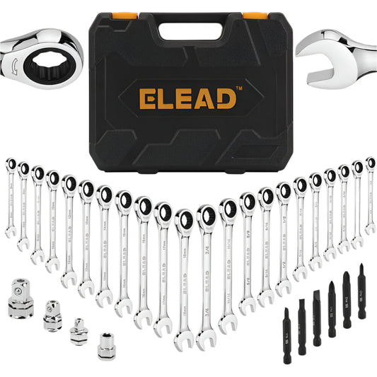 ELEAD 33Pcs Ratchet Wrench Set SAE Metric Wrench Phillips Slotted Bits Adapter