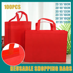 100PCS Reusable Non Woven Shopping Bags Eco Friendly Washable Tote Bags Red - 41X35X12CM