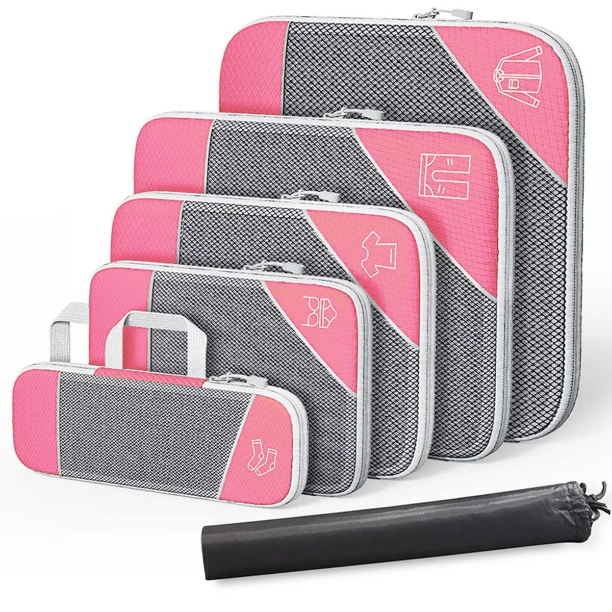 6PCS Compression Packing Cubes Expandable Luggage Storage Bag Travel Packing Bag - Pink
