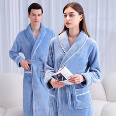 Flannel Bathrobe Set Autumn Winter Coral Fleece Nightgown for Men and Women Warm - Grey